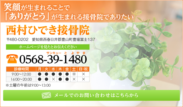 笑顔が生まれることで「ありがとう」が生まれる接骨院でありたい 西村ひでき接骨院　〒480-0202 愛知県西春日井郡豊山町豊場富士137 ホームページを見たとお伝えください、電話番号0568-39-1480 診療時間 月～金 9:00～12:00 16:00～19:00 休診日 水曜午後/土曜午後 日・祝日 ※土曜の午前は9：00～13:00 メールでのお問い合わせはこちらから